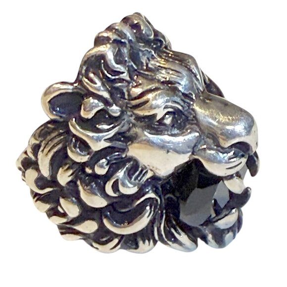 GUCCI 402763 Lion Head Ring with Black Gemstone, Silver-toned metal, sz 13 - Picture 1 of 15